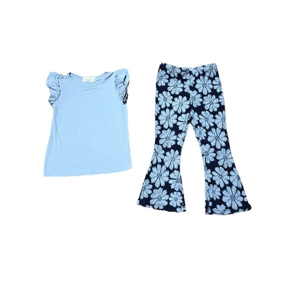 btween Girls 2pc Outfit Set Ruffle Sleeve Top Floral Bell Bottom Pants Size 4 Bl - Picture 1 of 6